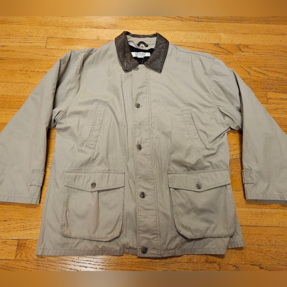 Vintage I Magnin Men's Khaki Jacket With Leather Collar Size XL With Liner